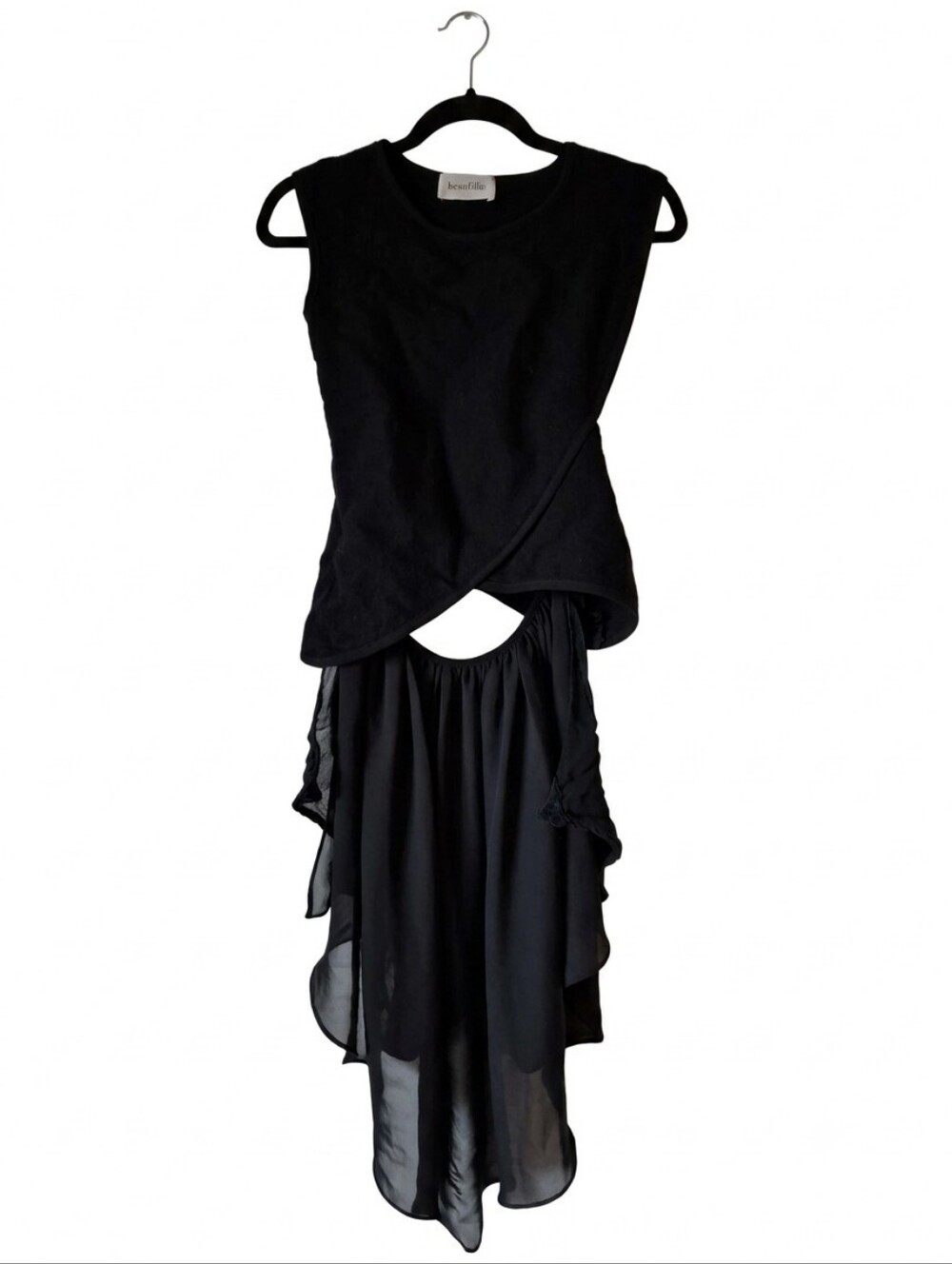 Beaufille | Black Asymmetrical Cross-Body Top with High-Low Sheer Draped Back